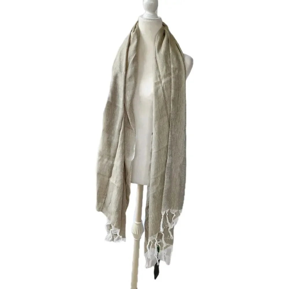 NWT $89 Saldarini 1882 Linen Viscose Knit Big Scarf Sage Green Fringed